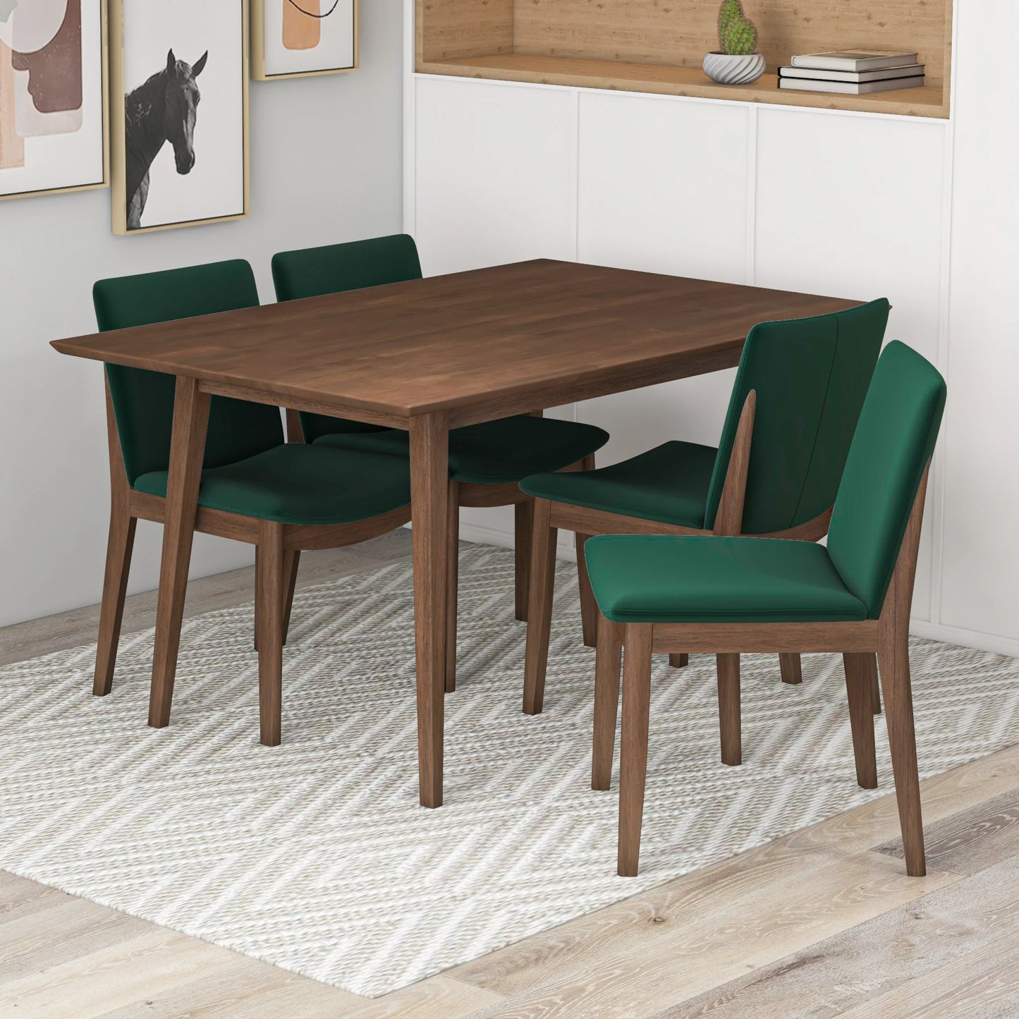 Adira (Small - Walnut) Dining Set with 4 Virginia (Green Velvet) Dining Chairs