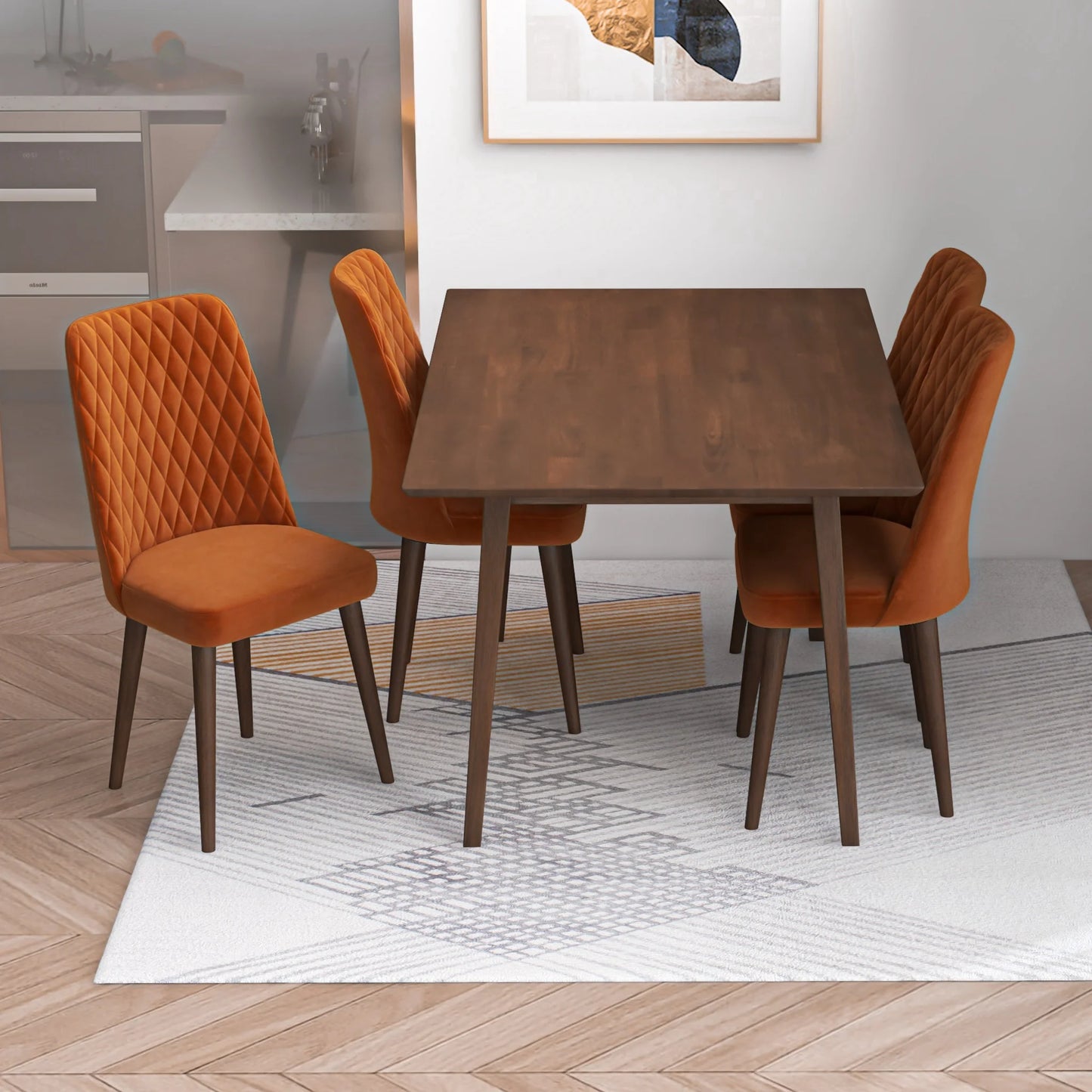 Alpine (Small - Walnut) Dining Set with 4 Evette (Orange Velvet) Dining Chairs