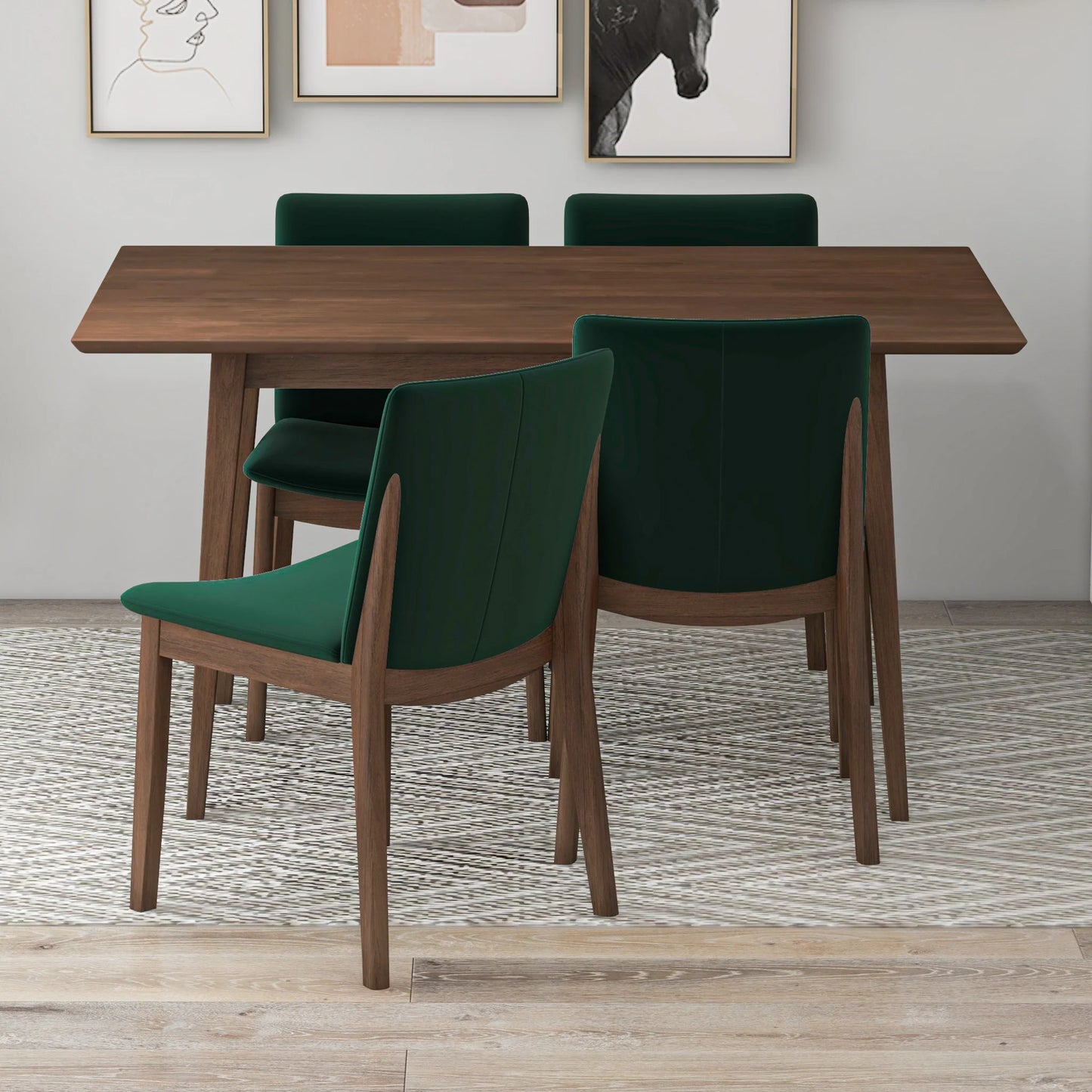 Adira (Small - Walnut) Dining Set with 4 Virginia (Green Velvet) Dining Chairs