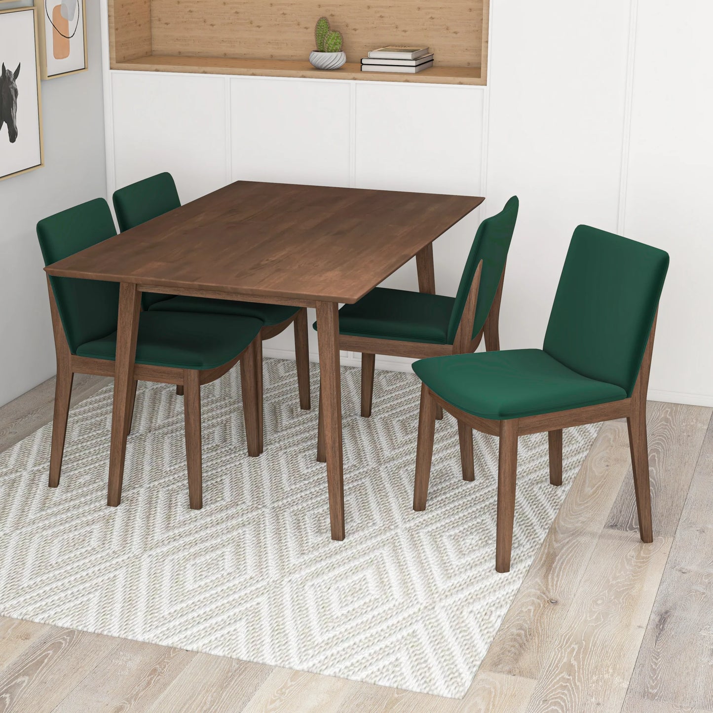 Adira (Small - Walnut) Dining Set with 4 Virginia (Green Velvet) Dining Chairs