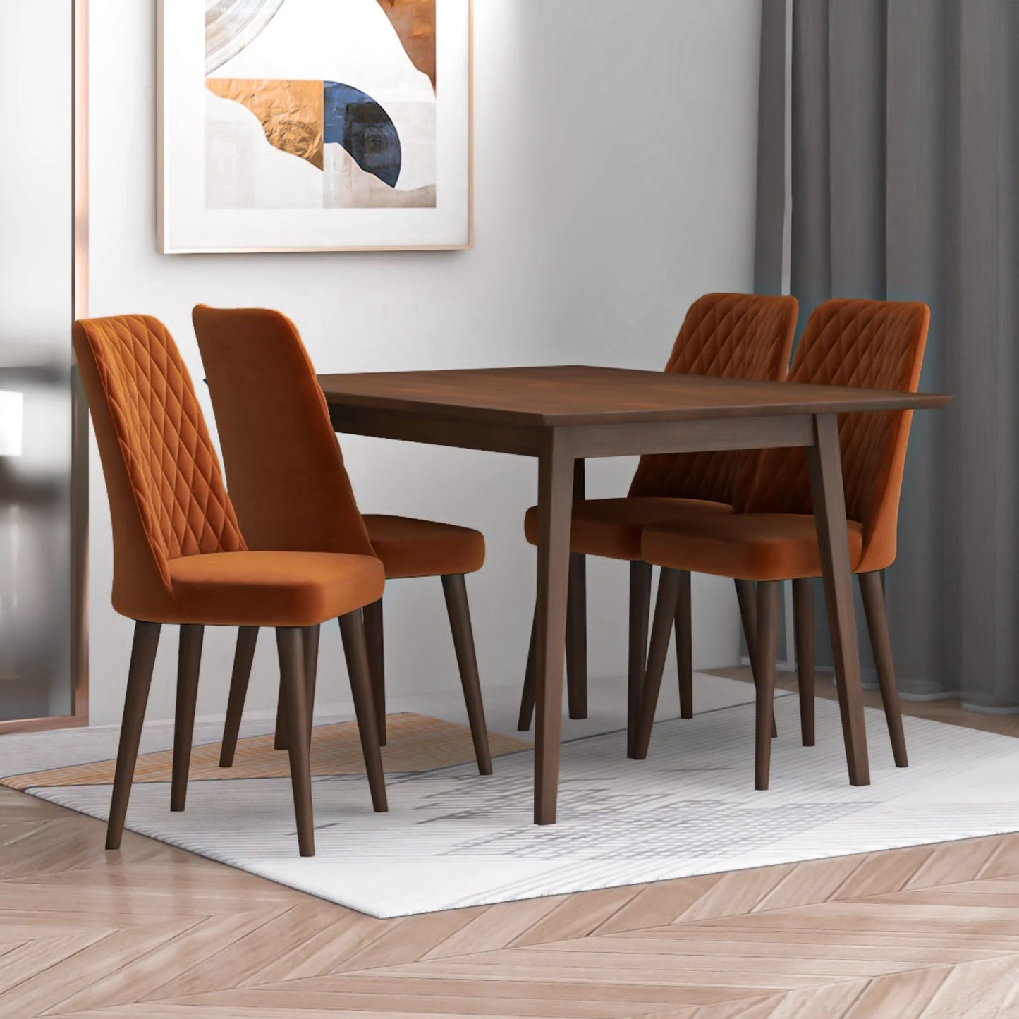 Alpine (Small - Walnut) Dining Set with 4 Evette (Orange Velvet) Dining Chairs