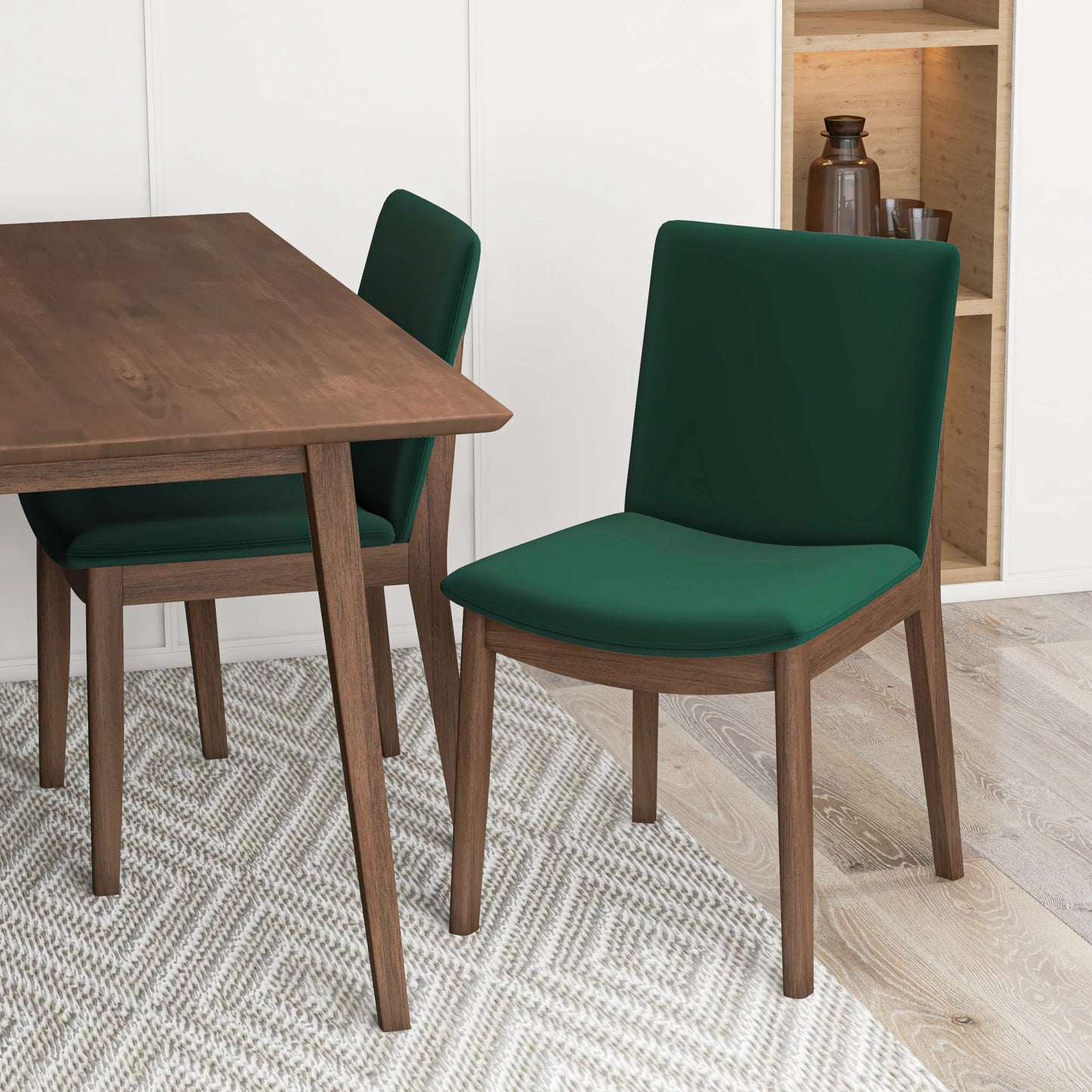 Adira (Small - Walnut) Dining Set with 4 Virginia (Green Velvet) Dining Chairs