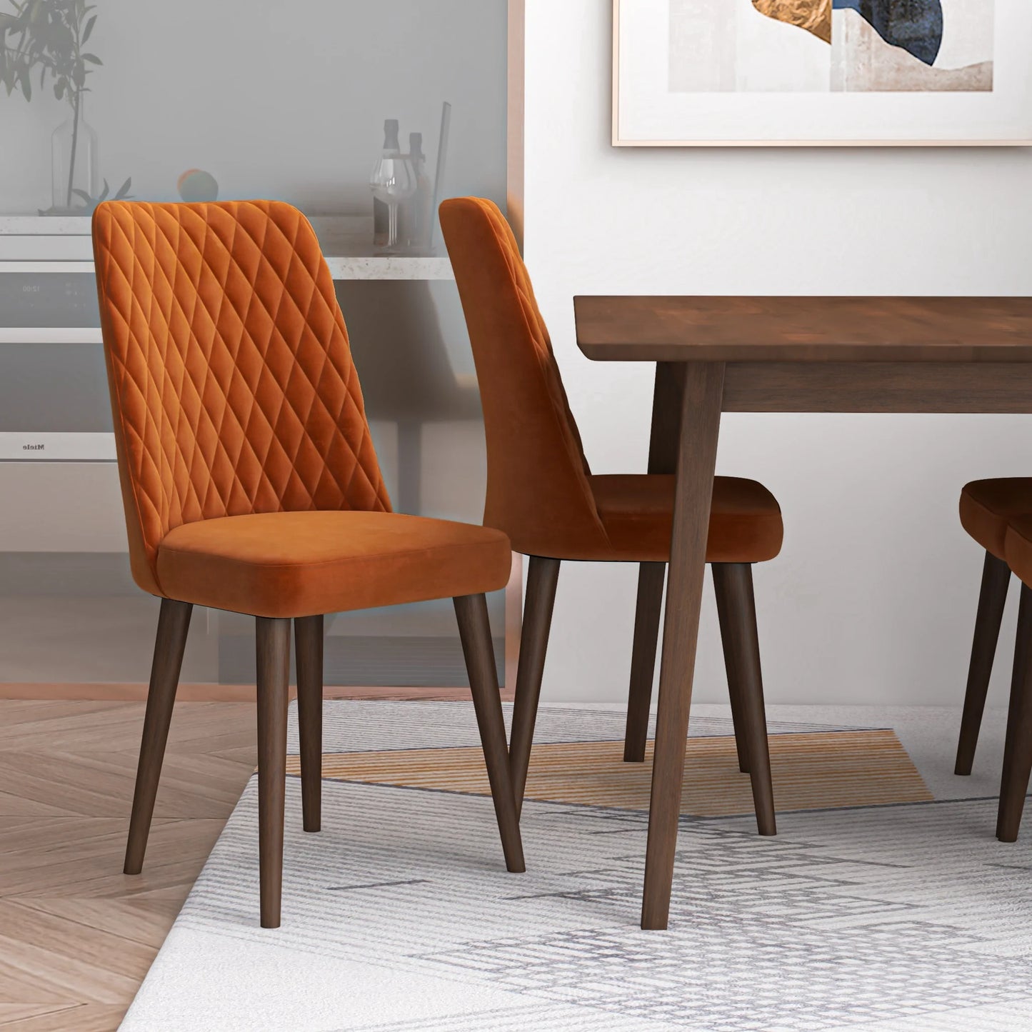 Alpine (Small - Walnut) Dining Set with 4 Evette (Orange Velvet) Dining Chairs