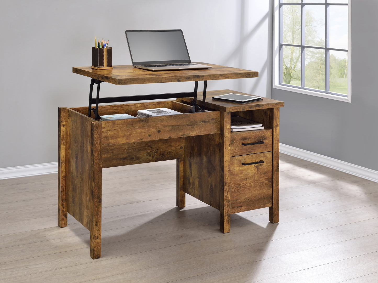 Delwin Lift Top Office Desk With File Cabinet Antique Nutmeg - 881240