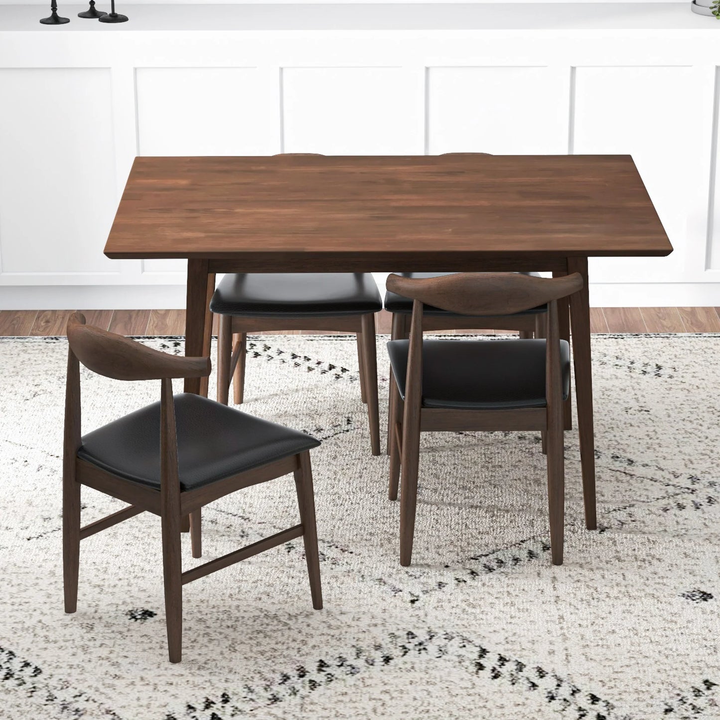 Adira (Small - Walnut) Dining Set with 4 Winston (Black Leather) Dining Chairs