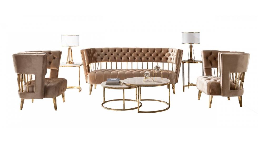 Divani Casa Courtney - Beige & Gold Fabric Lounge Set