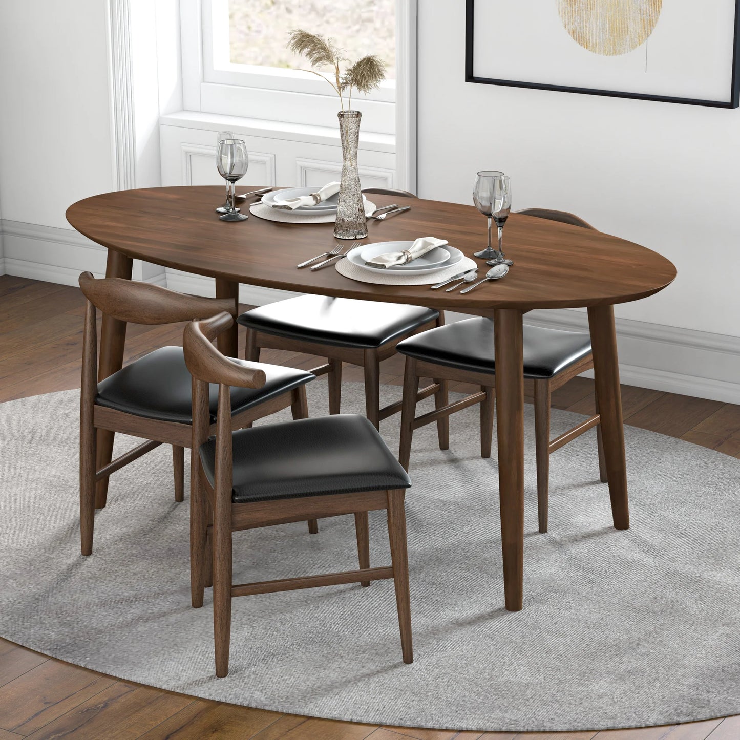 Rixos (Walnut) Oval Dining Set with 4 Winston (Black Leather) Dining Chairs