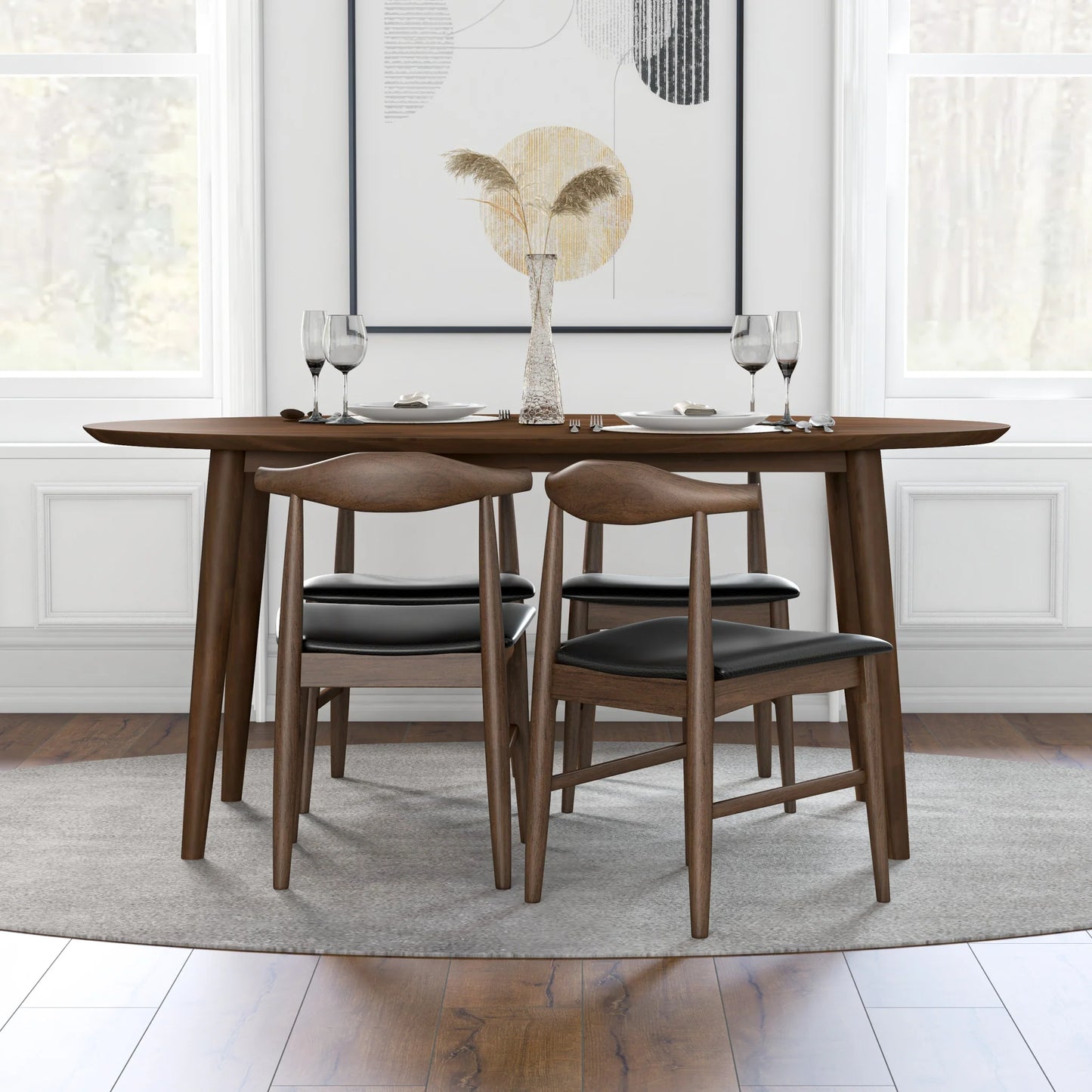 Rixos (Walnut) Oval Dining Set with 4 Winston (Black Leather) Dining Chairs
