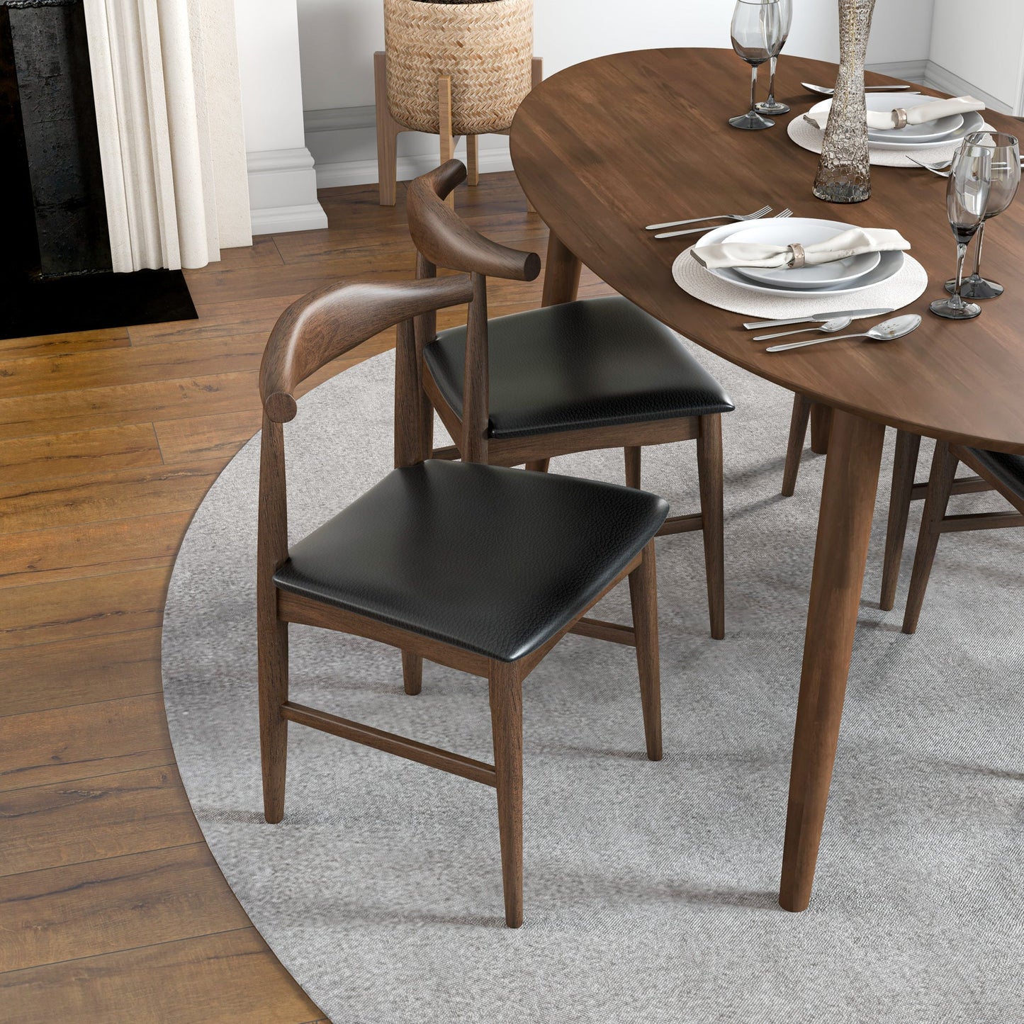 Rixos (Walnut) Oval Dining Set with 4 Winston (Black Leather) Dining Chairs