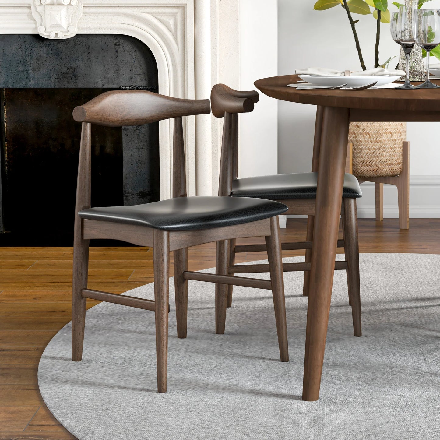 Rixos (Walnut) Oval Dining Set with 4 Winston (Black Leather) Dining Chairs