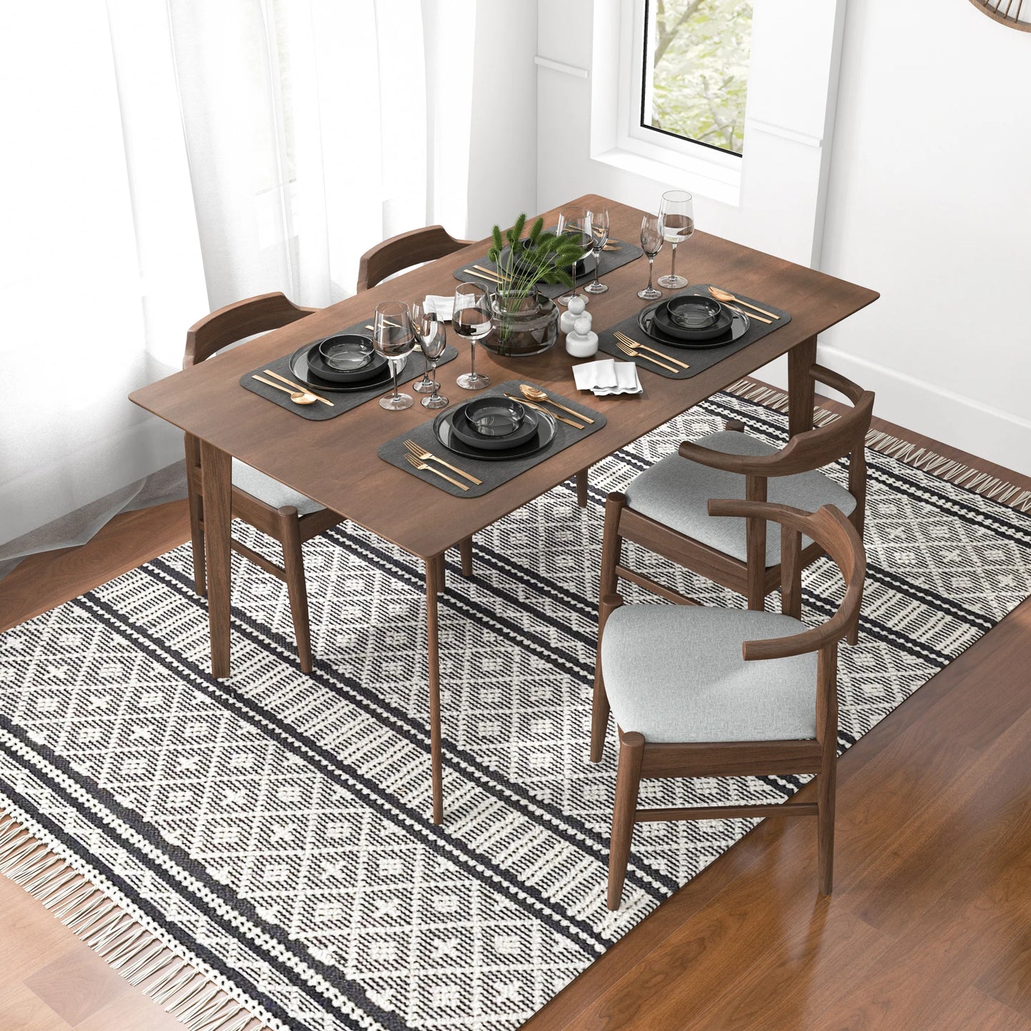 Dining Set, Abbott Large Table (Walnut) with 4 Zola Gray Chairs