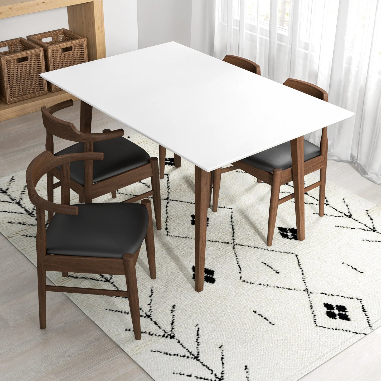 Adira (Small - White) Dining Set with 4 Zola (Black Leather) Dining Chairs