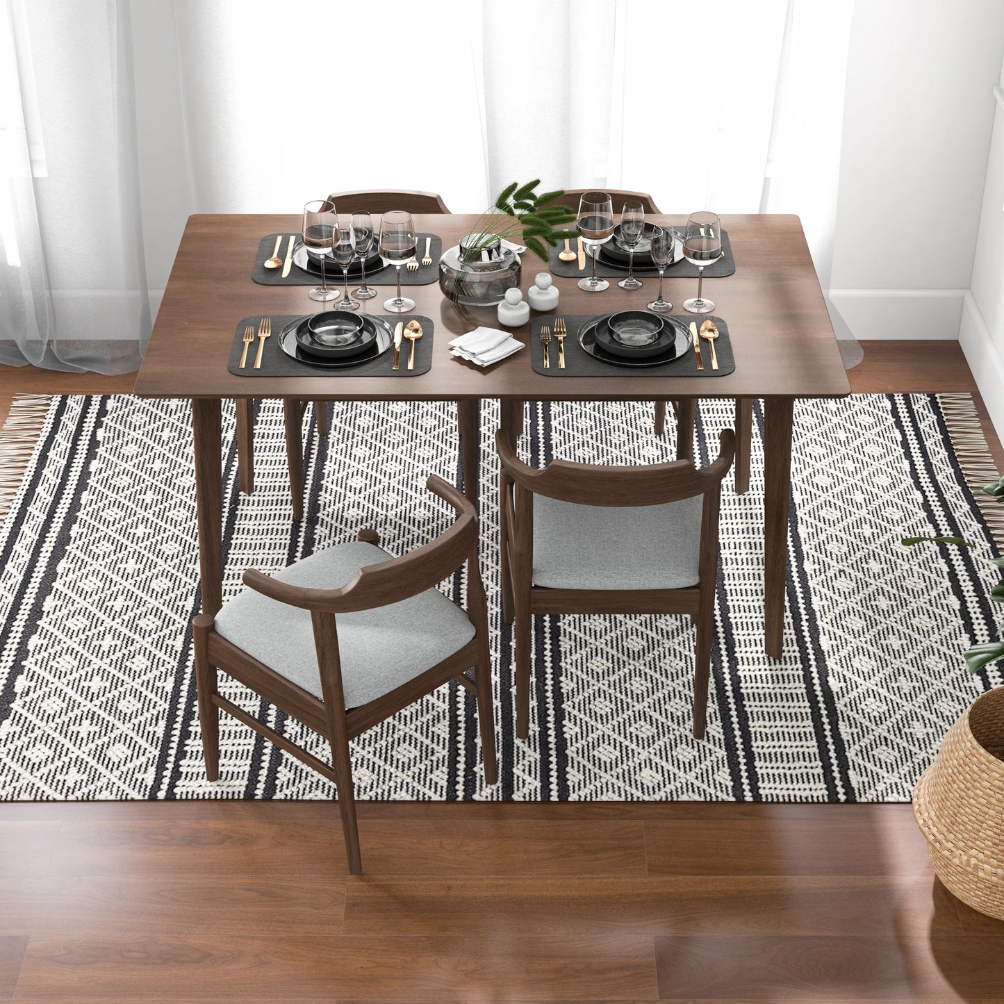 Dining Set, Abbott Large Table (Walnut) with 4 Zola Gray Chairs