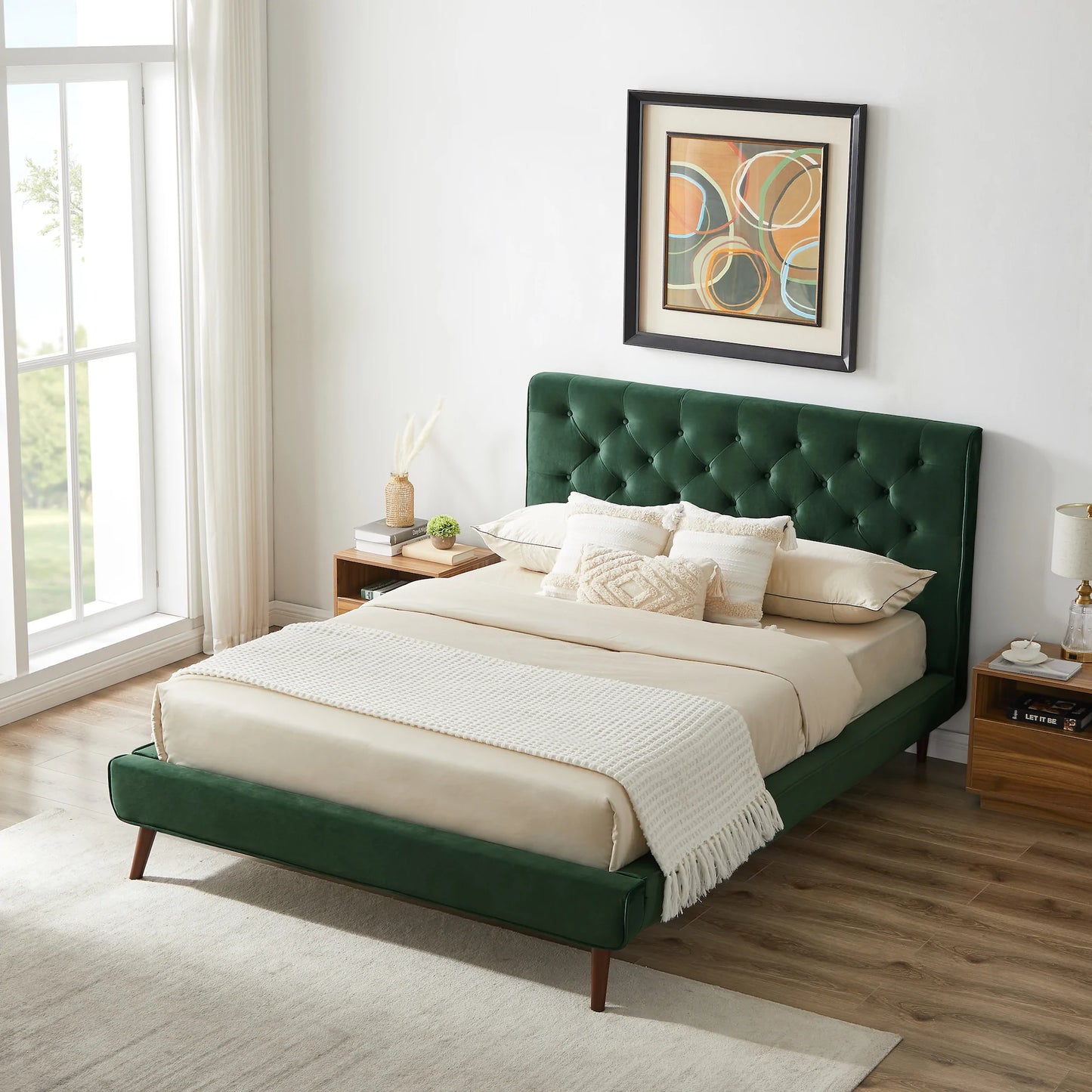 Ashley Platform Bed - Emerald Green Velvet