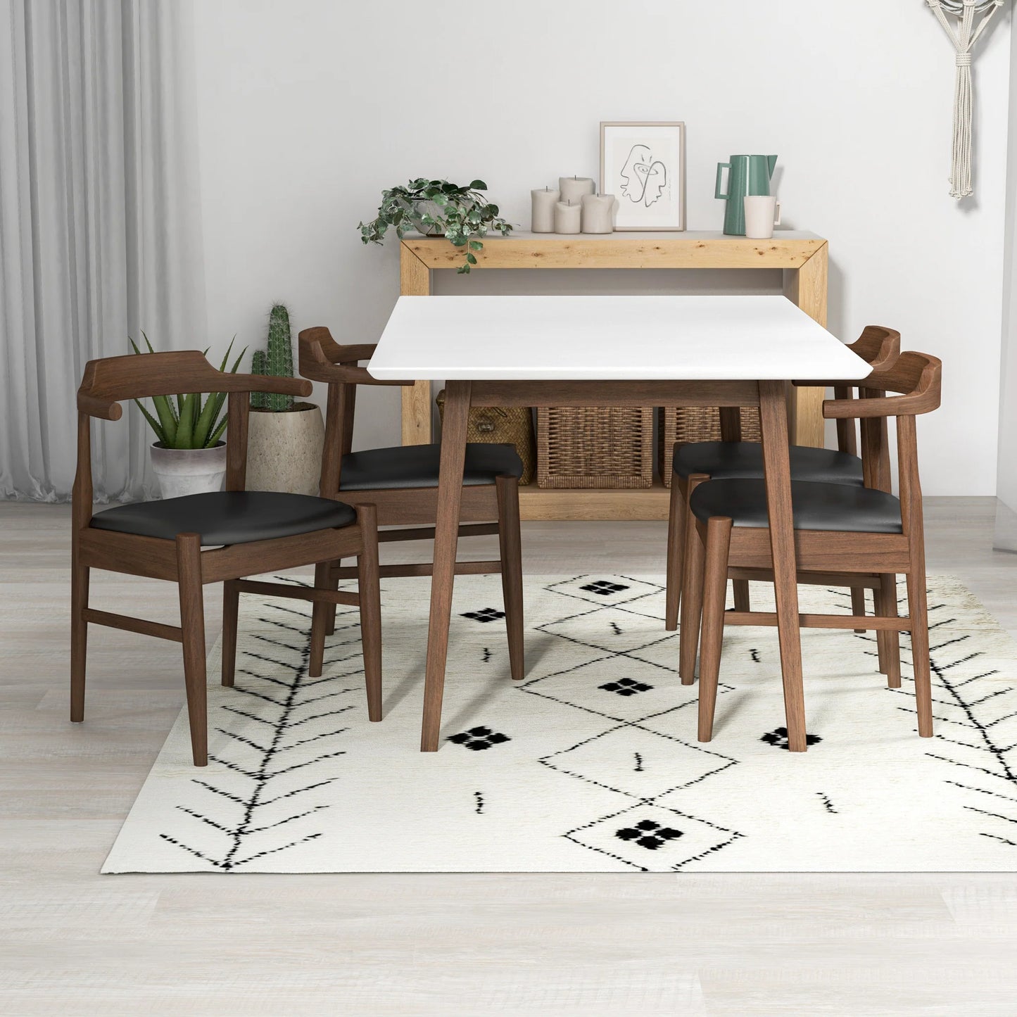 Adira (Small - White) Dining Set with 4 Zola (Black Leather) Dining Chairs