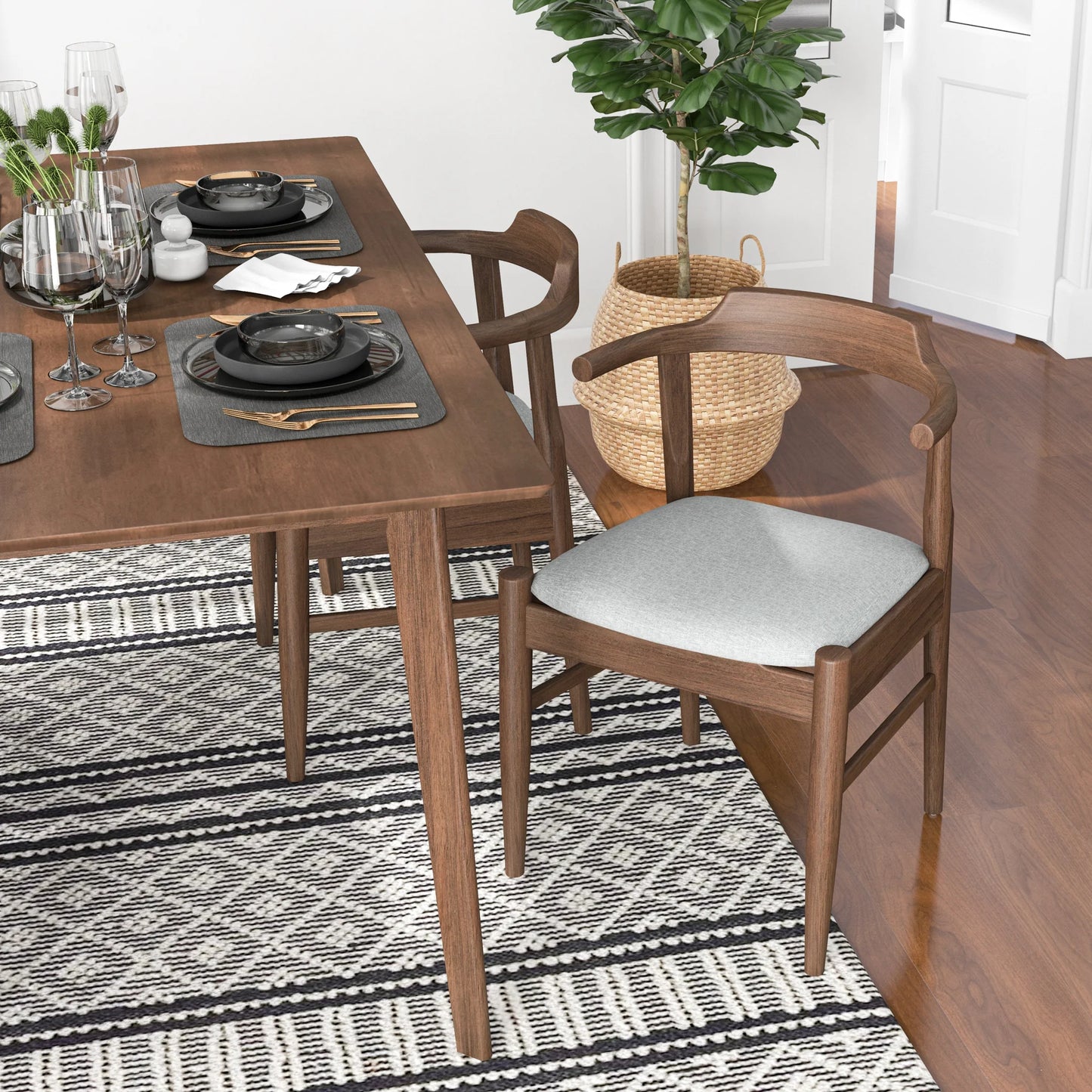 Dining Set, Abbott Large Table (Walnut) with 4 Zola Gray Chairs