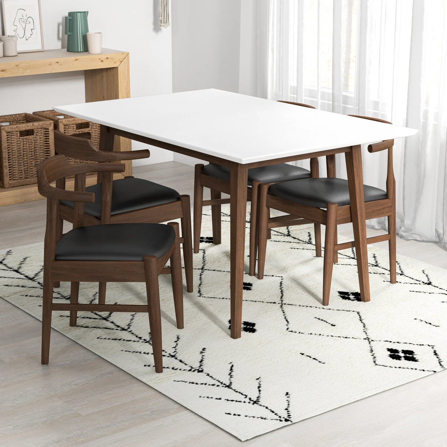 Adira (Small - White) Dining Set with 4 Zola (Black Leather) Dining Chairs