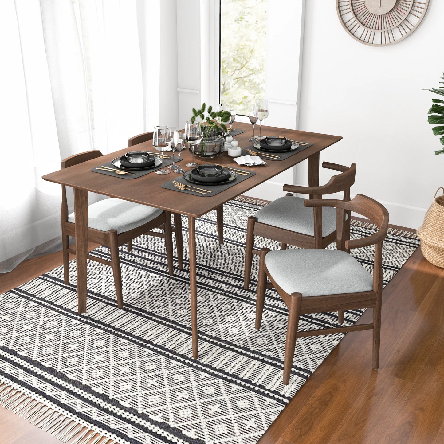 Dining Set, Abbott Large Table (Walnut) with 4 Zola Gray Chairs
