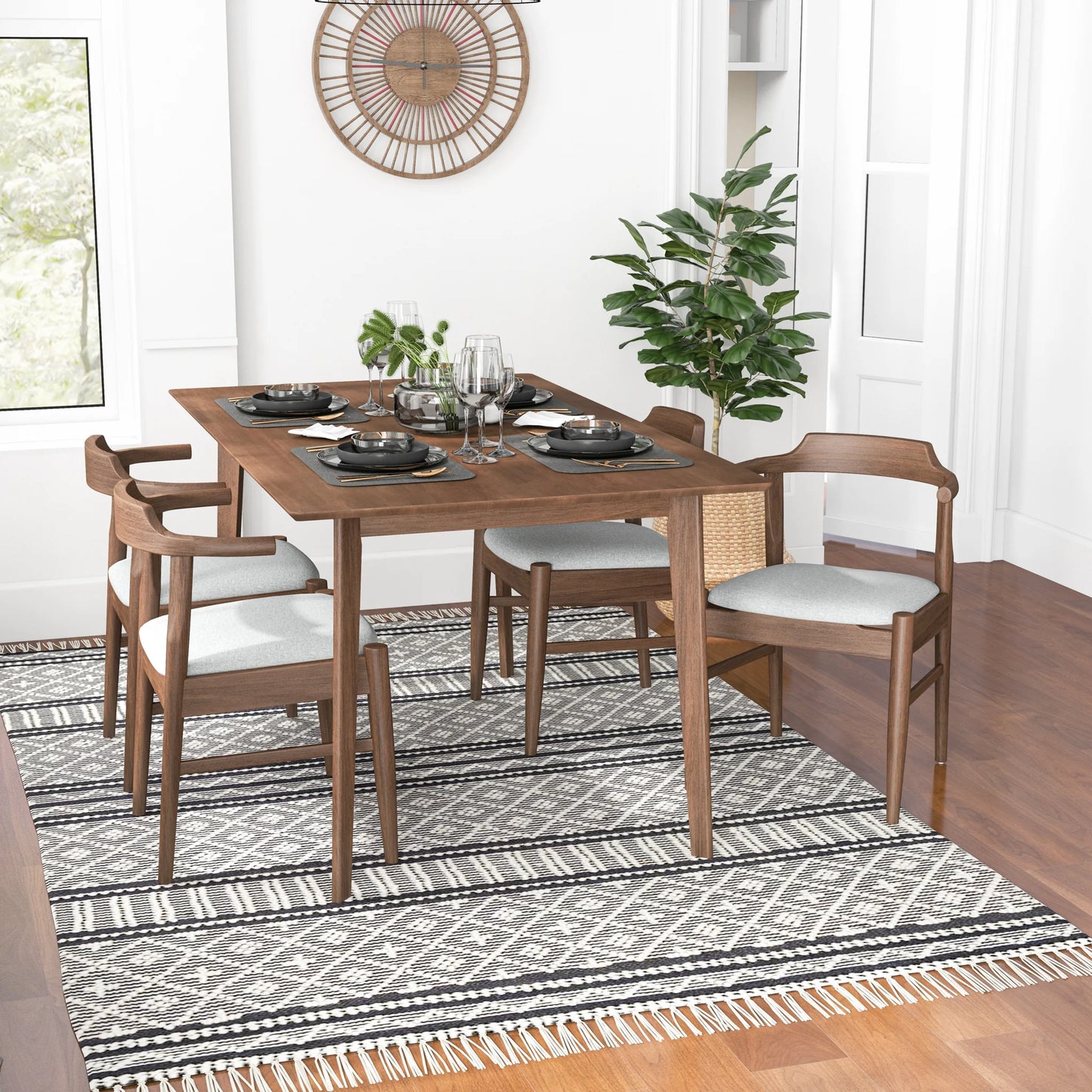 Dining Set, Abbott Large Table (Walnut) with 4 Zola Gray Chairs