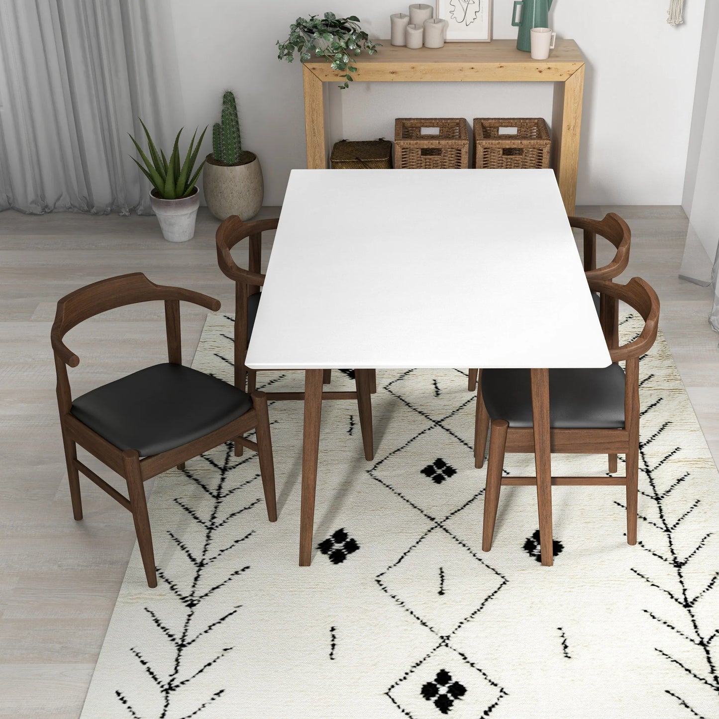 Adira (Small - White) Dining Set with 4 Zola (Black Leather) Dining Chairs