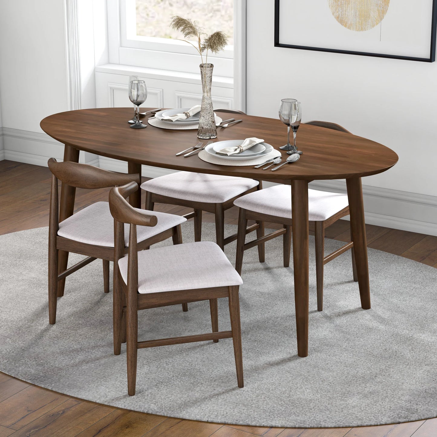 Rixos (Walnut) Oval Dining Set with 4 Winston (Beige) Dining Chairs