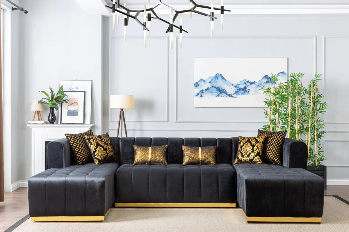 Siesta U Double Chase Sectional Velvet Upholstery- Black