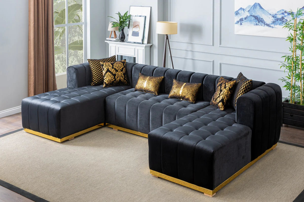Siesta U Double Chase Sectional Velvet Upholstery- Black