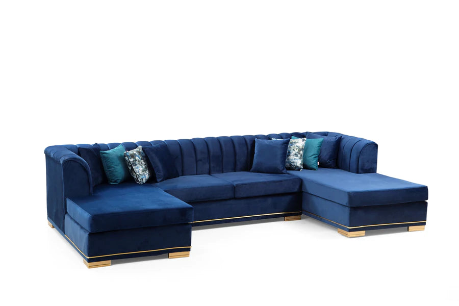 Armony U Double Chase Sectional Velvet Upholstery - Navy Blue