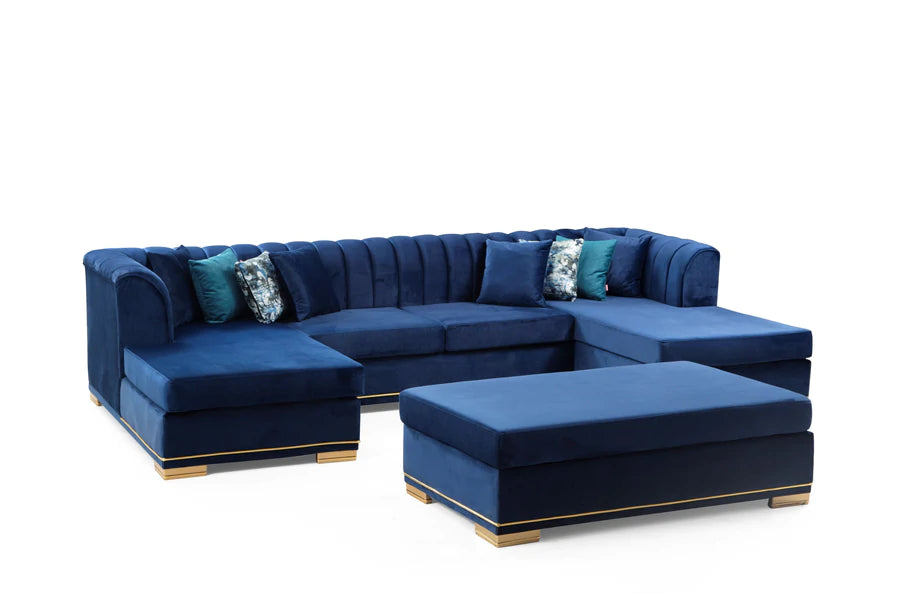 Armony U Double Chase Sectional Velvet Upholstery - Navy Blue