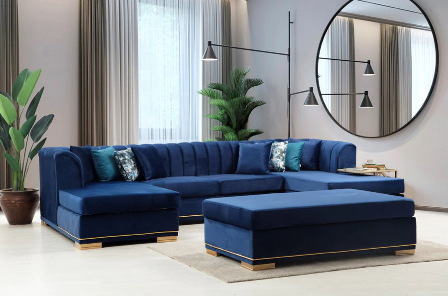 Armony U Double Chase Sectional Velvet Upholstery - Navy Blue
