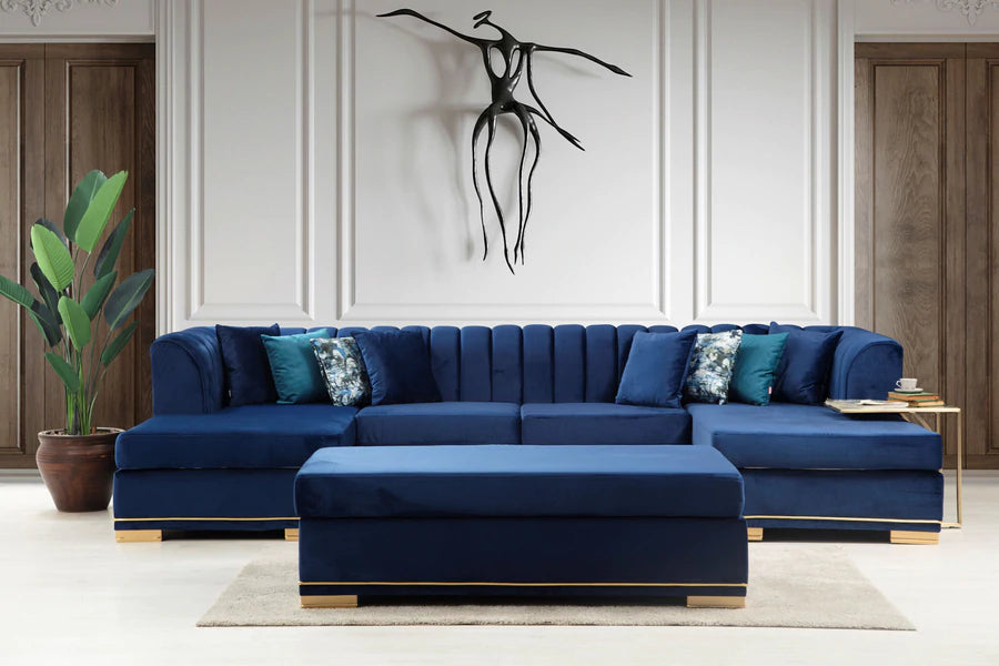 Armony U Double Chase Sectional Velvet Upholstery - Navy Blue