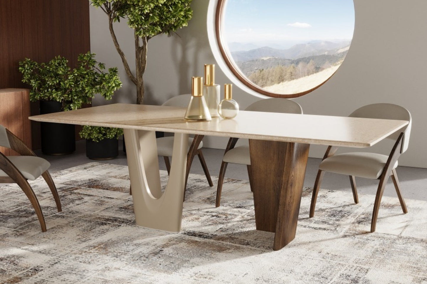Modrest Brianna - Contemporary Marble and Cream/Walnut Dining Table