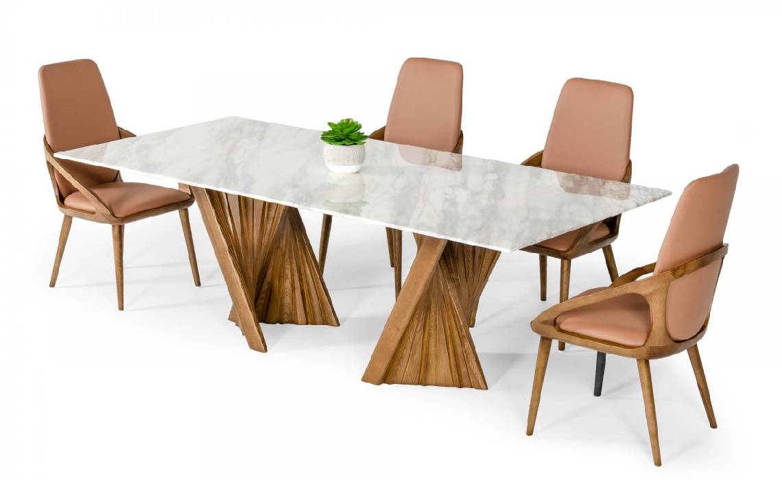 Modrest Cadence - Modern Walnut & Marble Dining Set