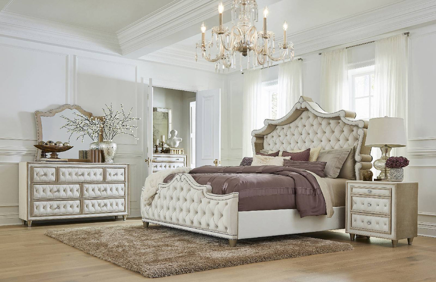 Antonella Upholstered Tufted Bedroom Set Ivory And Camel - 223521