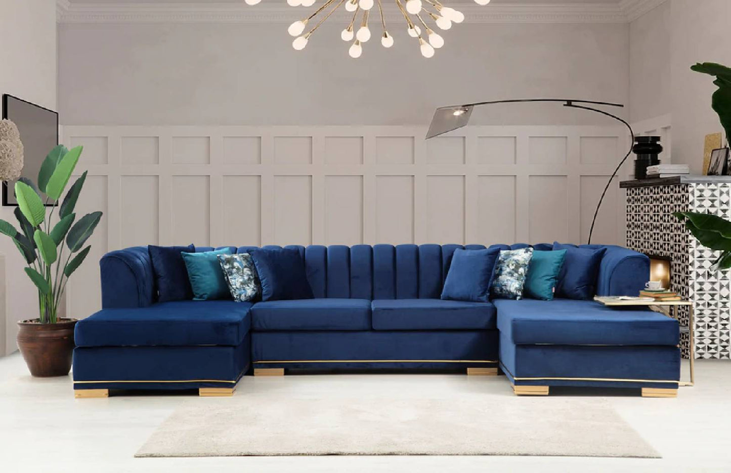 Armony U Double Chase Sectional Velvet Upholstery - Navy Blue