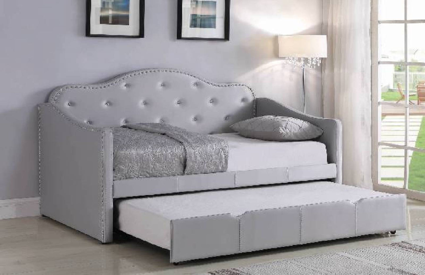 Upholstered Twin Daybed With Trundle Pearlescent Grey - 300629