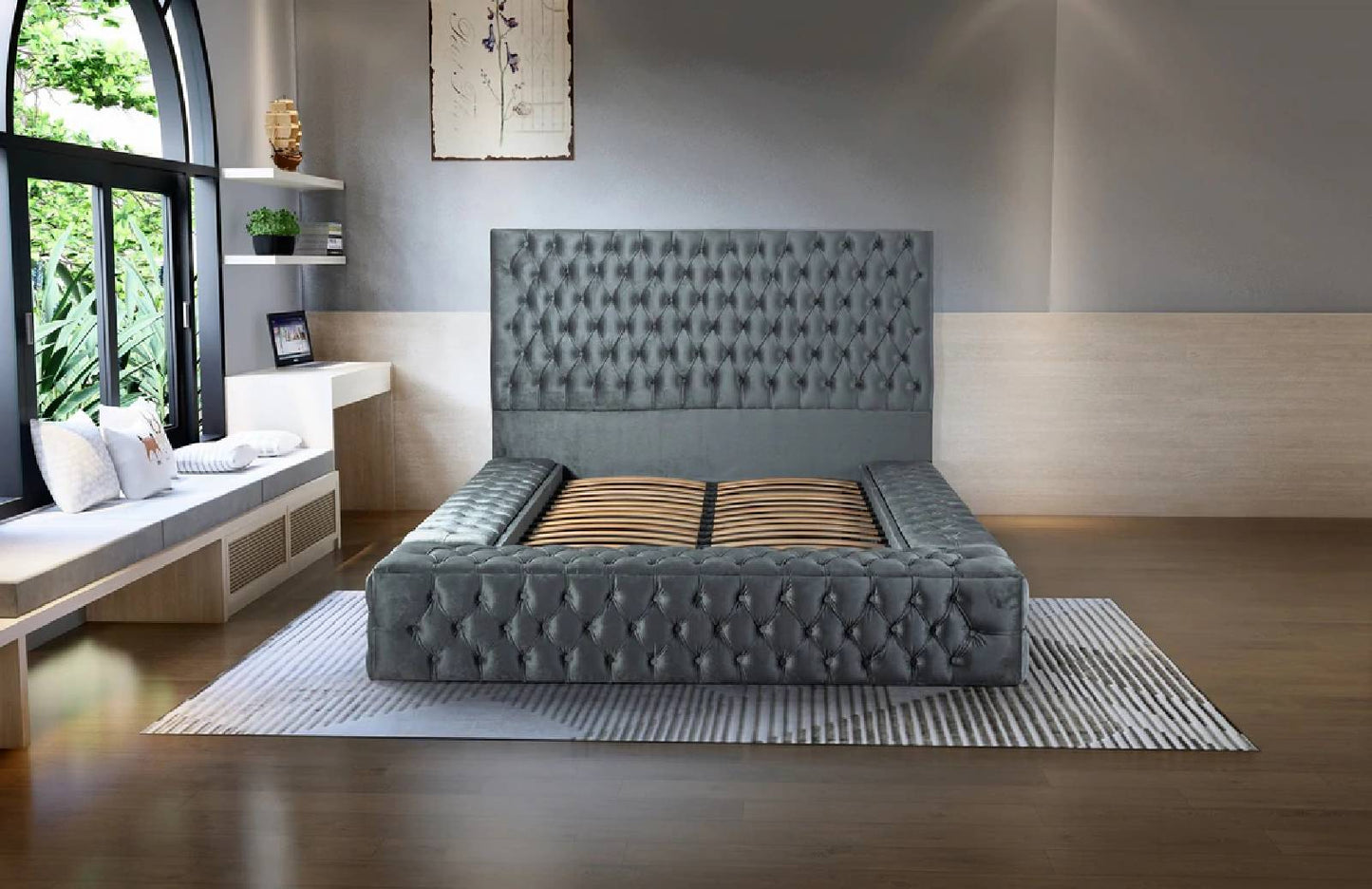 Pandora Velvet Queen Storage Platform Bed - Grey