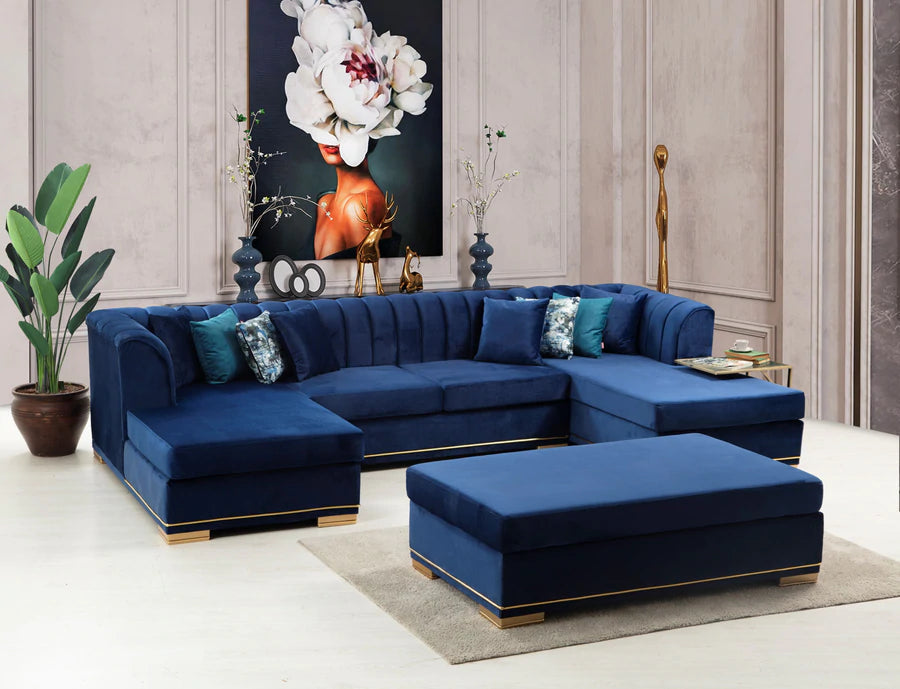 Armony U Double Chase Sectional Velvet Upholstery - Navy Blue