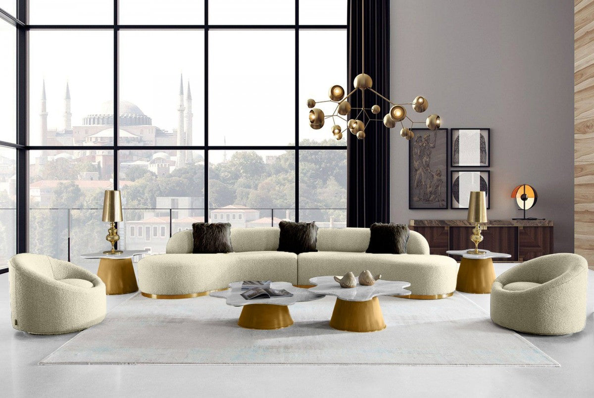 Divani Casa Frontier - Glam Beige Fabric Curved Sectional Sofa with Two Side Chairs