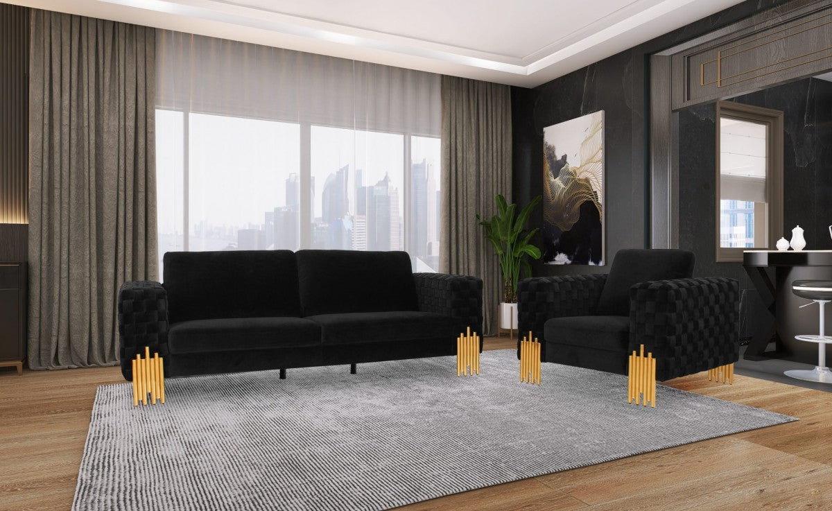 Divani Casa Georgia- Modern Velvet Glam Black + Gold Sofa Set