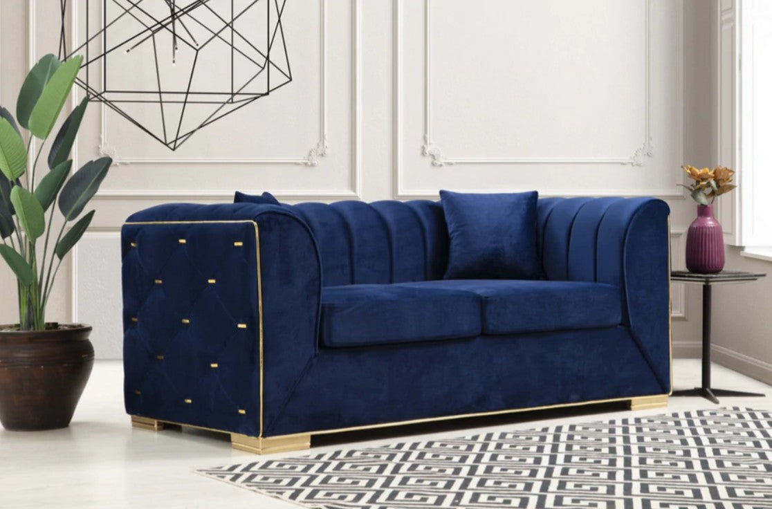 Armony Sofa & Loveseat - Velvet Upholstery - Navy Blue