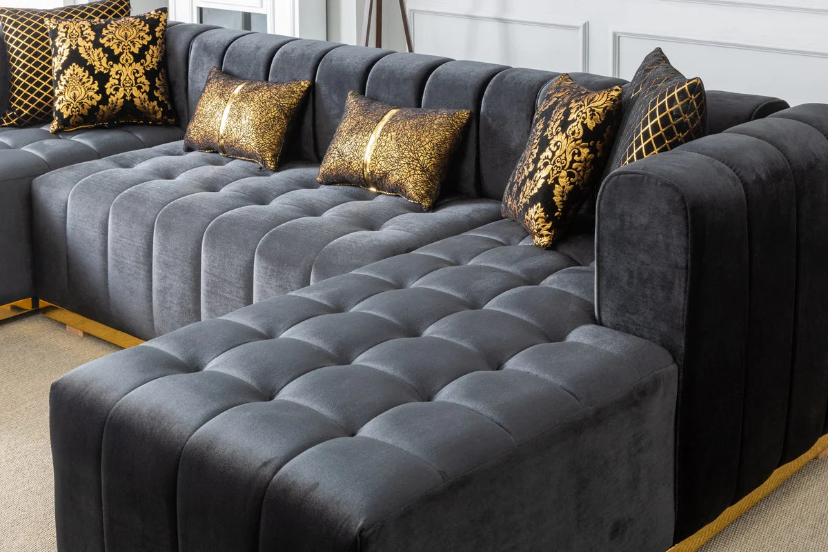 Siesta U Double Chase Sectional Velvet Upholstery- Black