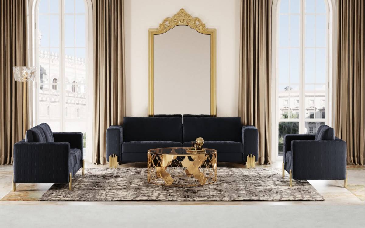Divani Casa Lori - Modern Velvet Glam Black & Gold Sofa Set