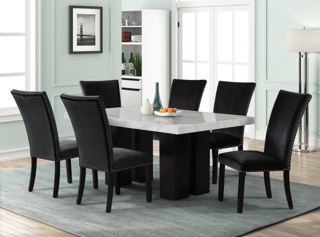 1220 Black - (FAUX MARBLE) Dining Table + 6 Chair Set