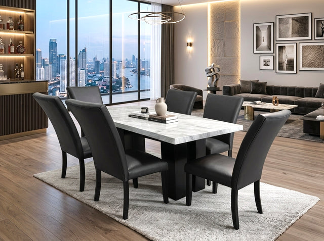 1220 PU Black - (FAUX MARBLE) Dining Table + 6 Chair Set