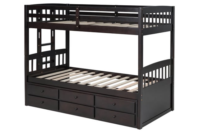 BB40 TWIN/TWIN Bunk Bed w/Twin Trundle + 3 Drawers Espresso