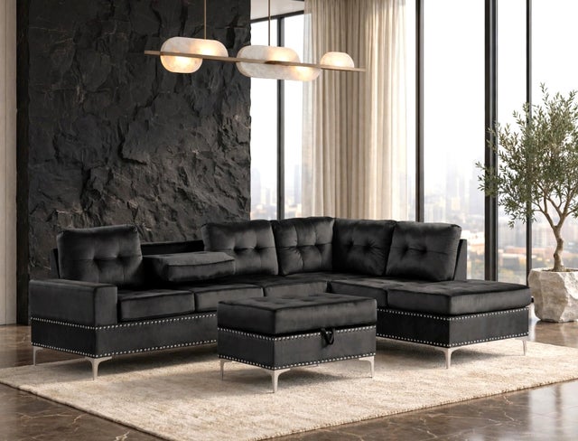 Anserra Black Reversible Sectional + Ottoman Set