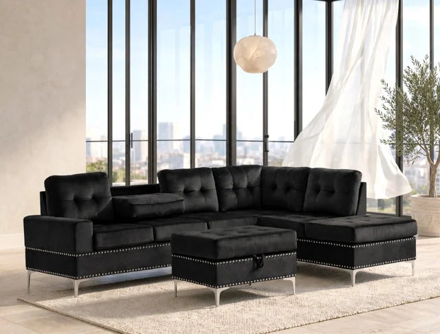 Anserra Black Reversible Sectional + Ottoman Set