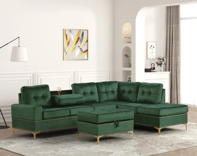 Anserra Green Reversible Sectional + Ottoman Set (1 LEFT)