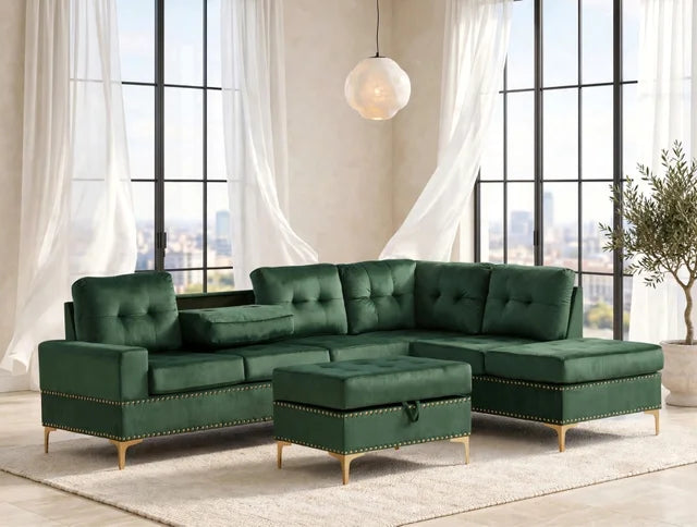 Anserra Green Reversible Sectional + Ottoman Set